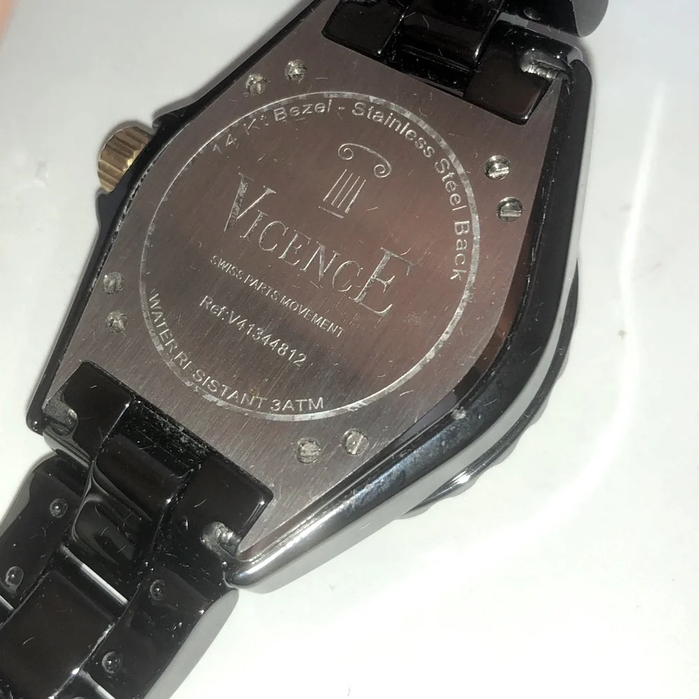 Solid Real 14K Gold Bezel 1.00CT Black Spinel Vicence Milor Italy Ceramic Watch